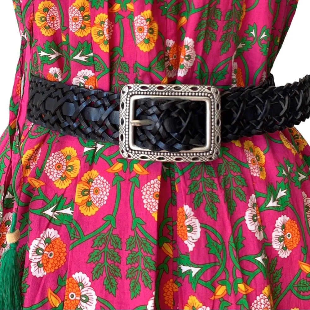 VINTAGE BLACK LEATHER BRAIDED BELT WITH SILVER RECTANGULAR BUCKLE SIZE LARGE